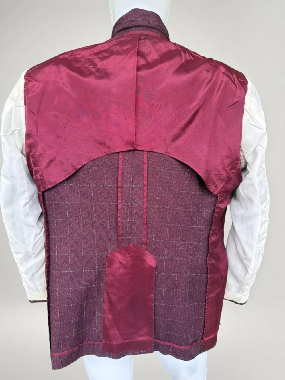 Vintage Bespoke Burgundy Windowpane Wool Sport Coat Blazer Men's 46R Hand Tailor